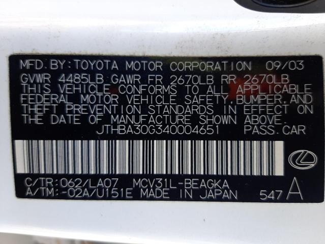 Photo 10 from auction – 2004 LEXUS ES 330 with VIN JTHBA30G340004651