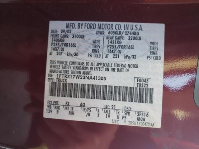 Photo 10 from auction – 2003 FORD F150 with VIN 1FTRX17W23NA41305