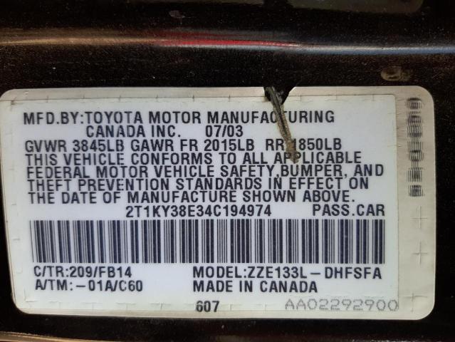 Photo 10 from auction – 2004 TOYOTA COROLLA MA with VIN 2T1KY38E34C194974