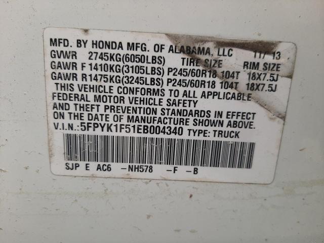 Photo 10 from auction – 2014 HONDA RIDGELINE with VIN 5FPYK1F51EB004340