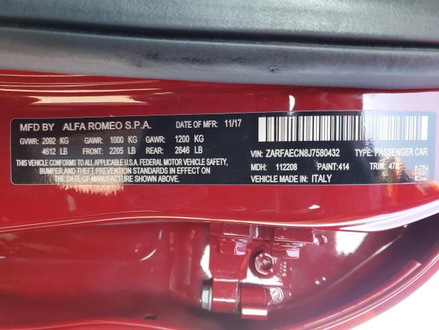 Photo 10 from auction – 2018 ALFA ROMEO GIULIA TI with VIN ZARFAECN8J7580432