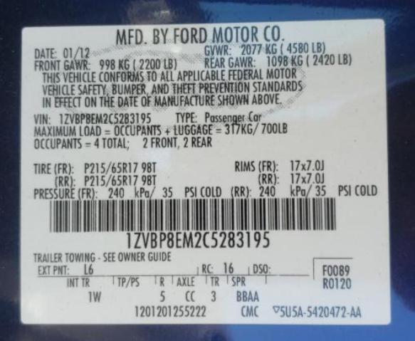 Photo 10 from auction – 2012 FORD MUSTANG with VIN 1ZVBP8EM2C5283195