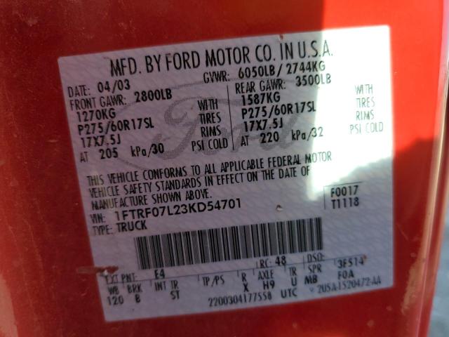 Photo 10 from auction – 2003 FORD F150 with VIN 1FTRF07L23KD54701