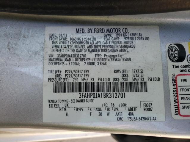 Photo 10 from auction – 2011 FORD FUSION SEL with VIN 3FAHP0JA1BR312701