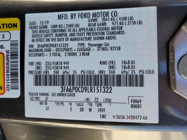 Photo 10 from auction – 2020 FORD FUSION SEL with VIN 3FA6P0CD9LR151322
