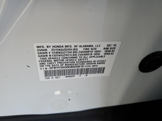 Photo 10 from auction – 2016 HONDA PILOT EXL with VIN 5FNYF5H50GB035616