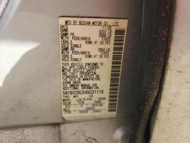 Photo 10 from auction – 2004 NISSAN QUEST S with VIN 5N1BV28UX4N331119