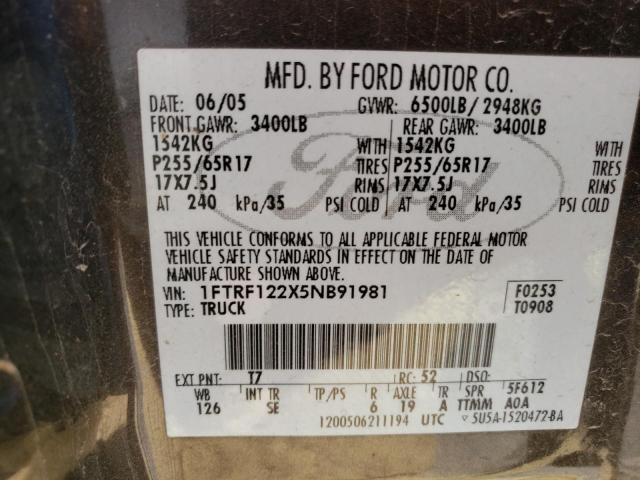 Photo 10 from auction – 2005 FORD F150 with VIN 1FTRF122X5NB91981