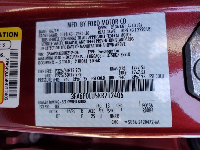 Photo 10 from auction – 2019 FORD FUSION SE with VIN 3FA6P0LU5KR212406