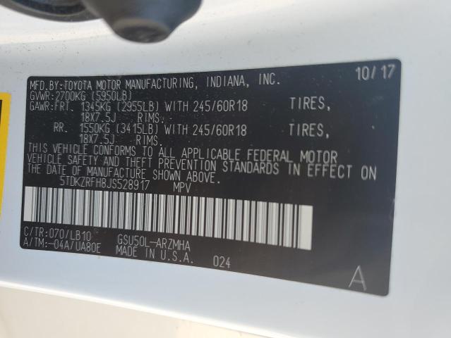 Photo 10 from auction – 2018 TOYOTA HIGHLANDER with VIN 5TDKZRFH8JS528917
