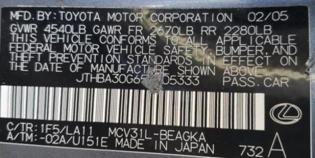 Photo 10 from auction – 2005 LEXUS ES with VIN JTHBA30G655105333