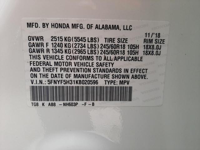 Photo 10 from auction – 2019 HONDA PILOT EX with VIN 5FNYF5H31KB020596