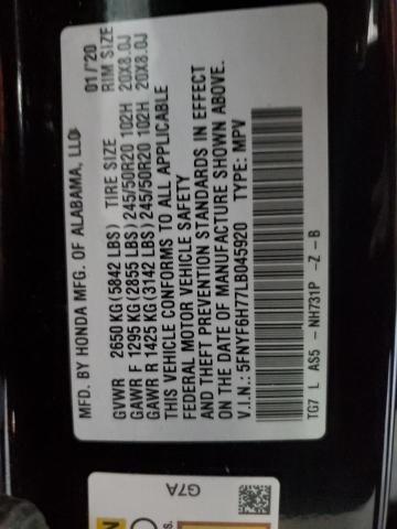 Photo 10 from auction – 2020 HONDA PILOT BLAC with VIN 5FNYF6H77LB045920