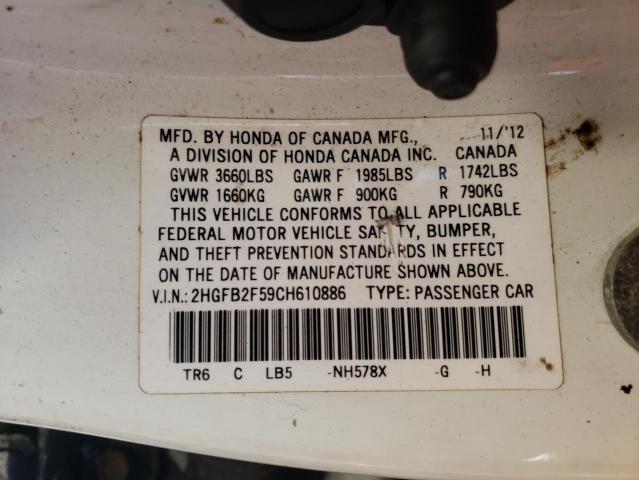 Photo 10 from auction – 2012 HONDA CIVIC LX with VIN 2HGFB2F59CH610886