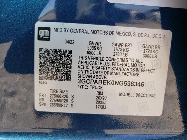 Photo 10 from auction – 2022 CHEVROLET SILVERADO with VIN 3GCPABEK0NG538346