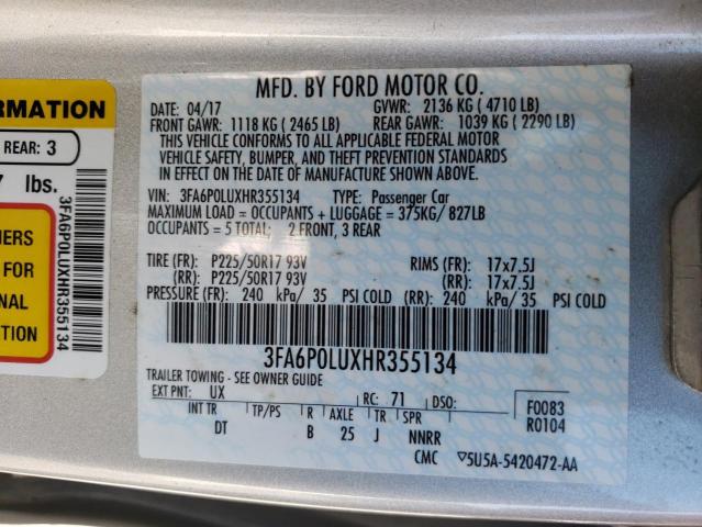 Photo 10 from auction – 2017 FORD FUSION SE with VIN 3FA6P0LUXHR355134