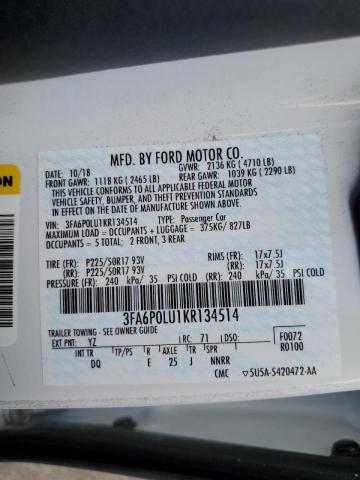 Photo 10 from auction – 2019 FORD FUSION SE with VIN 3FA6P0LU1KR134514