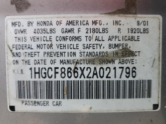 Photo 10 from auction – 2002 HONDA ACCORD with VIN 1HGCF866X2A021796