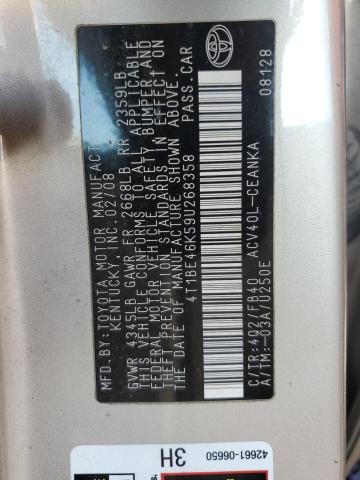 Photo 10 from auction – 2009 TOYOTA CAMRY BASE with VIN 4T1BE46K59U268358