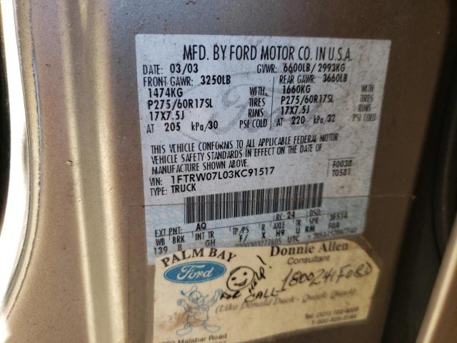 Photo 10 from auction – 2003 FORD F150 SUPER with VIN 1FTRW07L03KC91517