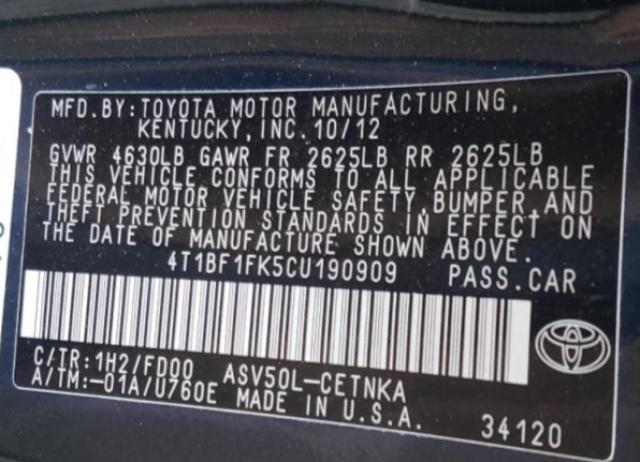 Photo 10 from auction – 2012 TOYOTA CAMRY BASE with VIN 4T1BF1FK5CU190909