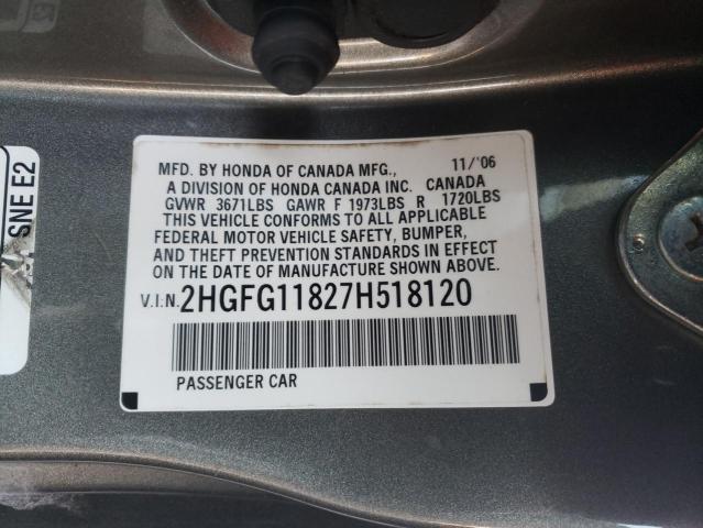 Photo 10 from auction – 2007 HONDA CIVIC EX with VIN 2HGFG11827H518120