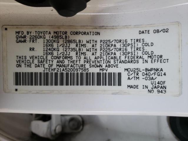 Photo 10 from auction – 2002 TOYOTA HIGHLANDER with VIN JTEHF21A520097585