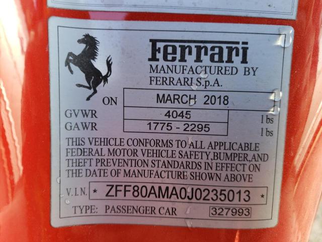 Photo 10 from auction – 2018 FERRARI 488 SPIDER with VIN ZFF80AMA0J0235013