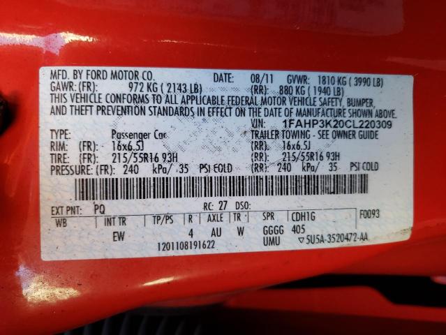 Photo 10 from auction – 2012 FORD FOCUS SE with VIN 1FAHP3K20CL220309