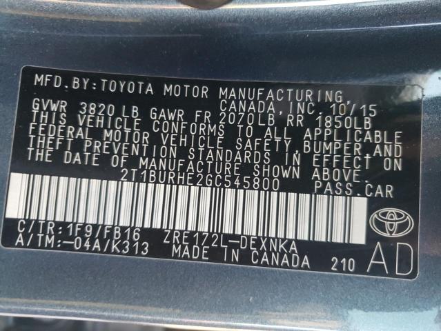Photo 10 from auction – 2016 TOYOTA COROLLA L with VIN 2T1BURHE2GC545800