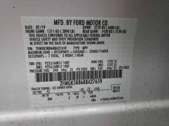 Photo 10 from auction – 2019 FORD FLEX SE with VIN 2FMGK5B86KBA27659