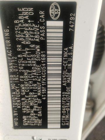 Photo 10 from auction – 2012 TOYOTA CAMRY BASE with VIN 4T1BF1FK4CU541681