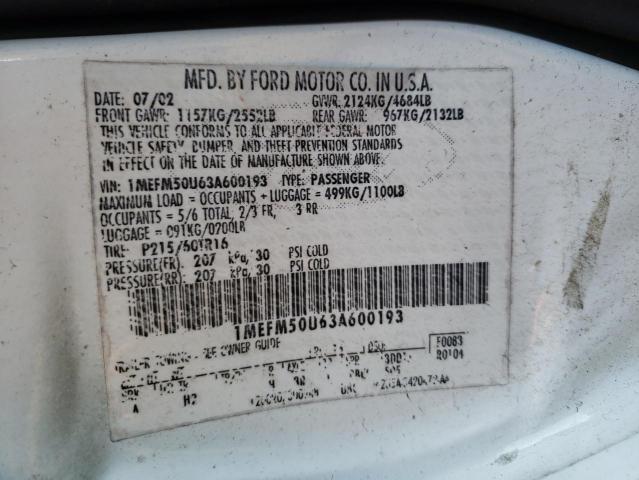 Photo 10 from auction – 2003 MERCURY SABLE GS with VIN 1MEFM50U63A600193