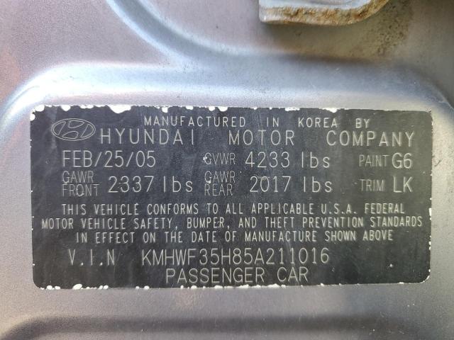 Photo 10 from auction – 2005 HYUNDAI SONATA GLS with VIN KMHWF35H85A211016