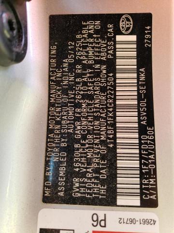 Photo 10 from auction – 2012 TOYOTA CAMRY BASE with VIN 4T4BF1FK4CR227504