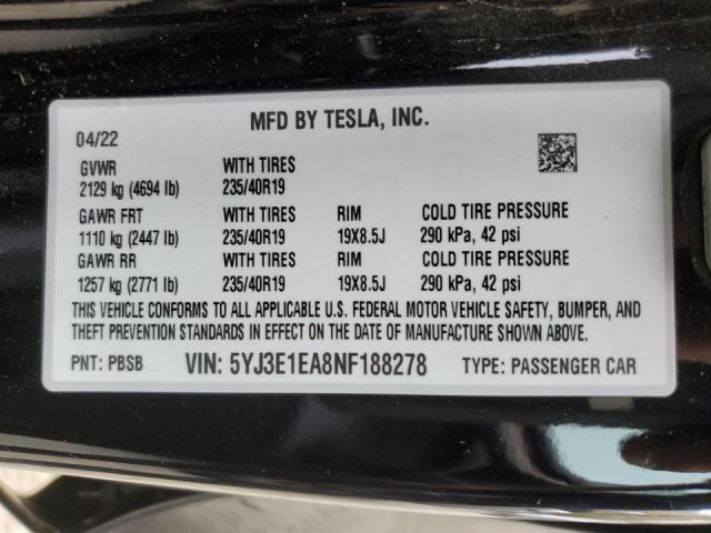Photo 10 from auction – 2022 TESLA MODEL 3 with VIN 5YJ3E1EA8NF188278