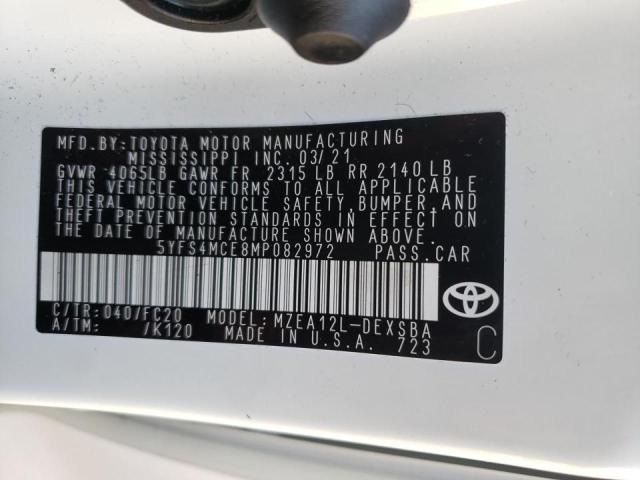 Photo 10 from auction – 2021 TOYOTA COROLLA SE with VIN 5YFS4MCE8MP082972