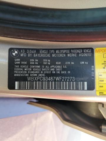Photo 10 from auction – 2007 BMW X3 3.0SI with VIN WBXPC93487WF27273