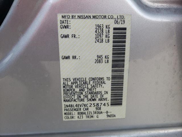 Photo 10 from auction – 2019 NISSAN ALTIMA SL with VIN 1N4BL4EV7KC258745