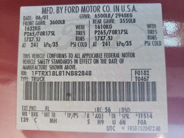 Photo 10 from auction – 2001 FORD F150 with VIN 1FTRX18L81NB82848