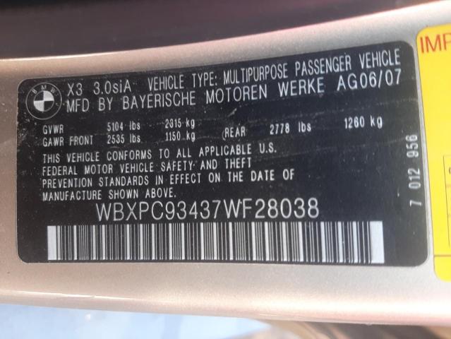 Photo 10 from auction – 2007 BMW X3 3.0SI with VIN WBXPC93437WF28038
