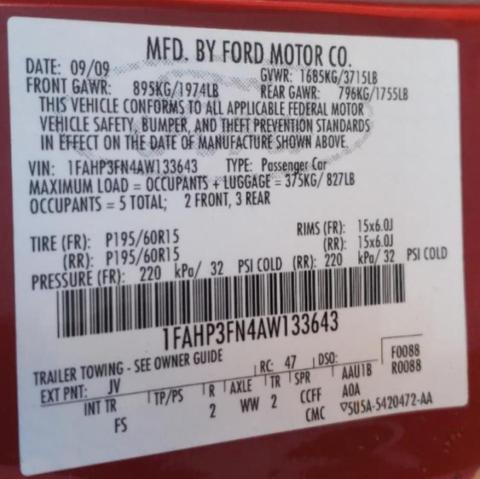 Photo 10 from auction – 2010 FORD FOCUS SE with VIN 1FAHP3FN4AW133643