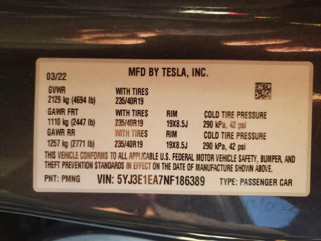 Photo 10 from auction – 2022 TESLA MODEL 3 with VIN 5YJ3E1EA7NF186389