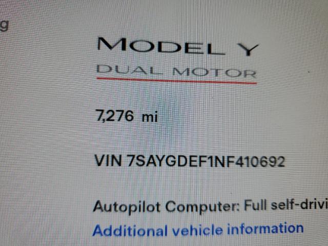Photo 8 from auction – 2022 TESLA MODEL Y with VIN 7SAYGDEF1NF410692