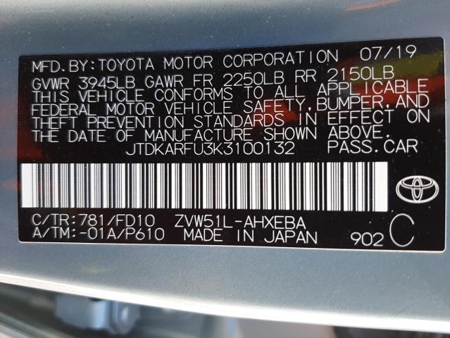 Photo 10 from auction – 2019 TOYOTA PRIUS with VIN JTDKARFU3K3100132