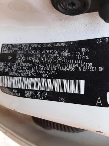 Photo 10 from auction – 2010 TOYOTA SEQUOIA PL with VIN 5TDDW5G18AS034357