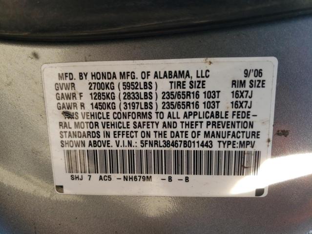 Photo 10 from auction – 2007 HONDA ODYSSEY EX with VIN 5FNRL38467B011443