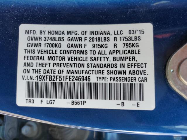 Photo 10 from auction – 2015 HONDA CIVIC LX with VIN 19XFB2F51FE246946