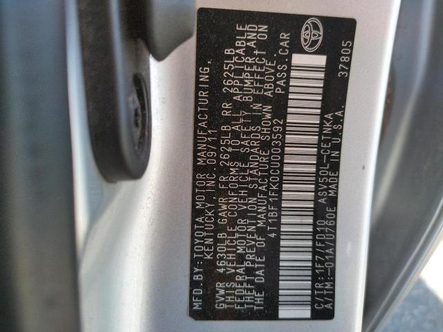 Photo 10 from auction – 2012 TOYOTA CAMRY BASE with VIN 4T1BF1FK0CU003592