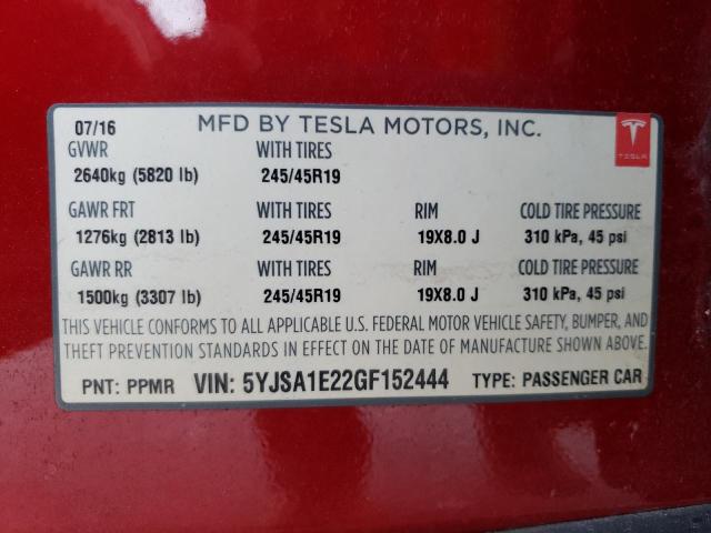 Photo 10 from auction – 2016 TESLA MODEL S with VIN 5YJSA1E22GF152444